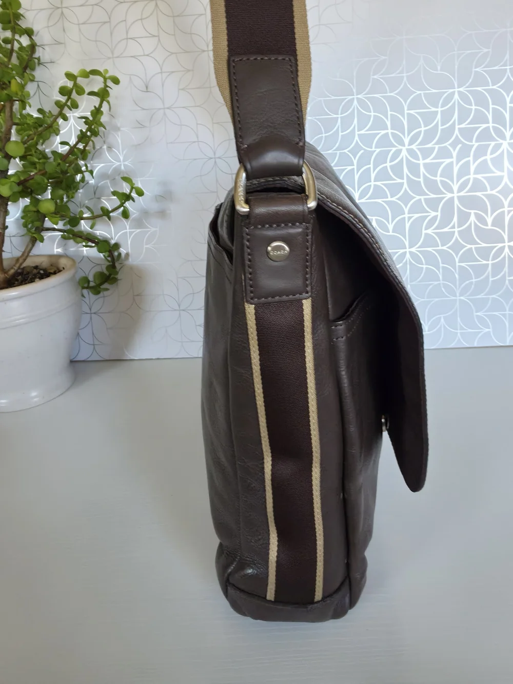 Coach Dark Brown Leather Messenger Bag with Striped Adjustable Strap